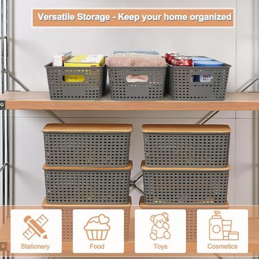 UHAPEER Storage Box with Bamboo Lid, 6 Pack Storage Basket, Plastic Basket Storage, Kitchen Organizer White, Stackable Storage Boxes, Box with Lid 25.6 x 18 x 10.7 cm (Gray)