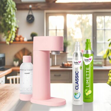 SodaTASTE Mysoda Woody: Газований пристрій з дерева, пляшка 1л BPA-free, 2 CO2 циліндри (Класик + Лайм, Рожевий)
