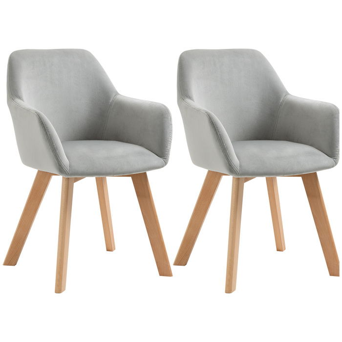 HOMCOM Dining Chairs 2-Piece Set Kitchen Chairs with Arm & Backrest, Velvet-Look Upholstery, Wooden Legs, Grey | Aosom
