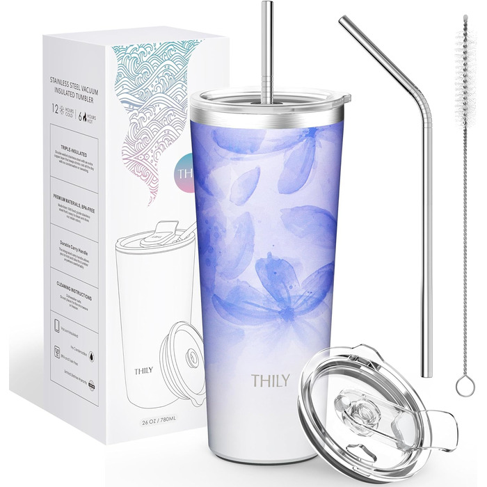 Термос-чашка THILY 780 мл з подвійними стінками, 2 шт. (Золотий мармур + Синій мармур)