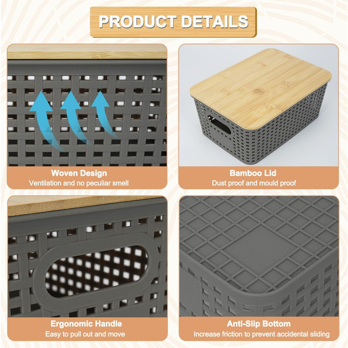 UHAPEER Storage Box with Bamboo Lid, 6 Pack Storage Basket, Plastic Basket Storage, Kitchen Organizer White, Stackable Storage Boxes, Box with Lid 25.6 x 18 x 10.7 cm (Gray)