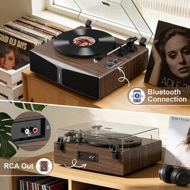 Програвач вінілових пластинок Trynnay з Bluetooth та вбудованими колонками, коричневий. AT-3600L, 33/45 об/хв, регульована противага, підсвічування