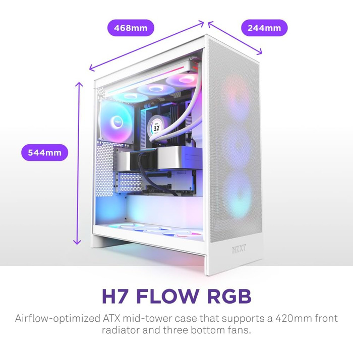 Корпус NZXT H7 Flow для ПК ATX з покращеною вентиляцією | Підтримка 3 x 120 мм вентиляторів для охолодження відеокарти | 3 x 120 мм фронтальні вентилятори | Пластина для встановлення 420 мм кулера спереду | Flow RGB 2024, білий