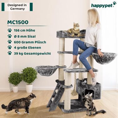 HAPPYPET Драбина для котів Jacob XXL - велика, стабільна, з сизалевими стовпчиками та масивною основою, ідеальна для великих порід, сірого кольору