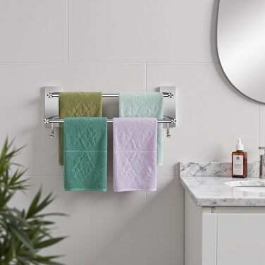 Тримач для рушників без свердління, 60 см, самоклеючий, з гачками, нержавіюча сталь, вологостійкий, для ванної кімнати та кухні, срібляний