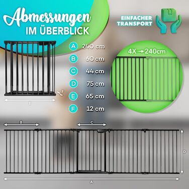 Захисний сіткограт для каміну KIDUKU® з дверцятами | Металевий сіткограт для каміну, розкладний | Сіткограт для конфігурації, 10 елементів (240 см, чорний)