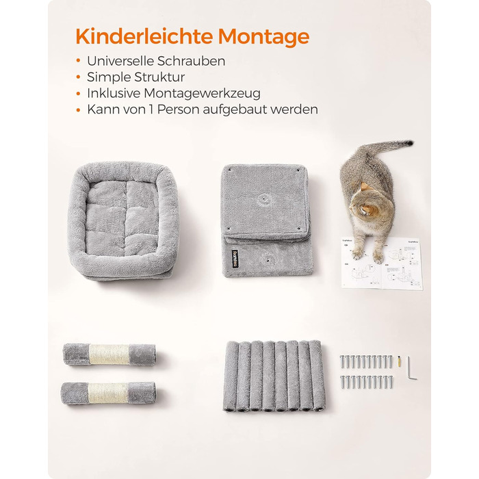 Драбина-кіготь Feandrea для котів, 67 см, будиночок для кошенят до 3 кг, велика платформа, сизалова колонка, сірий колір, PCT611W01