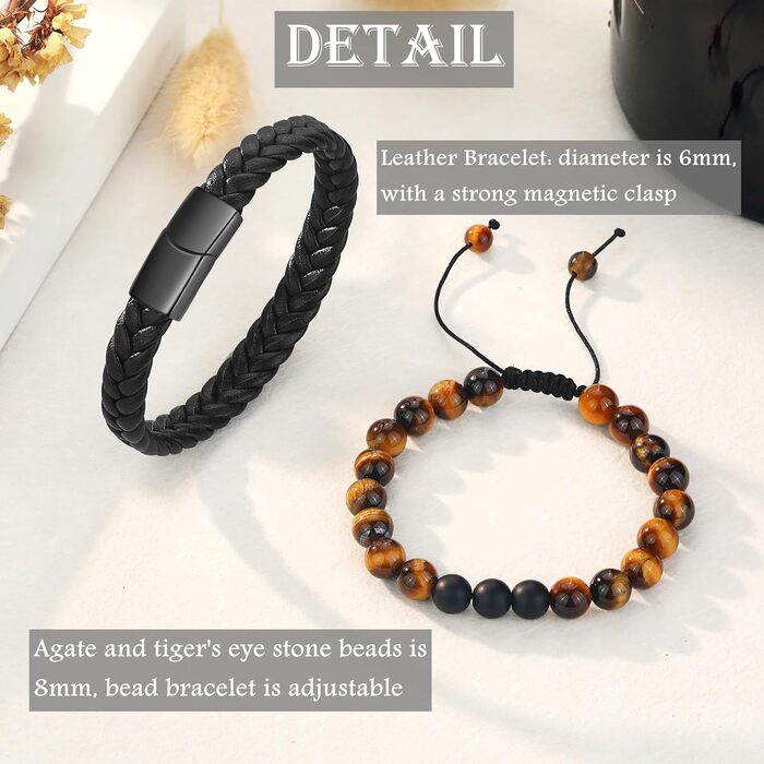 Чоловічий браслет з натуральної шкіри, чорний, плетений, з магнітною застібкою (2 шт.)