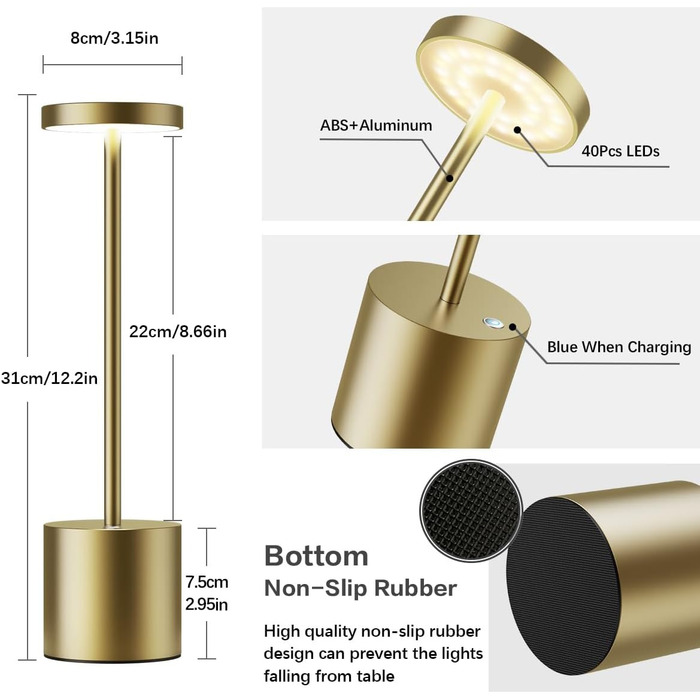 LED акумуляторна настільна лампа бездротова, 5000mAh, USB-зарядка, регулювання яскравості, 3 режими кольору, для відпочинку на вулиці, нічника, обіднього столу, балкону – (бронза)