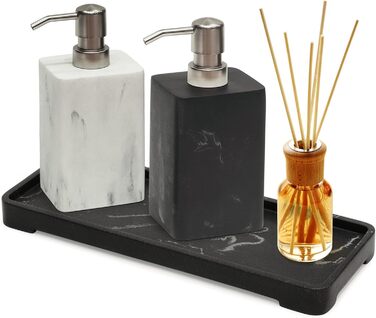 Набір дозатора для мила в ванну кімнату, чорний та білий, стиль мармуру, з нержавіючою срібною помпою, декоративний дозатор для рідкого мила та лосьйону, багаторазовий, квадратний, для кухні, 450 мл