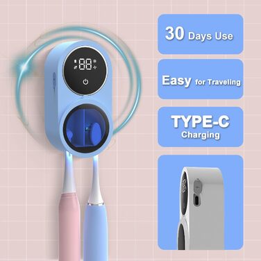 Biodzzs Wall-Mounted Toothbrush Holder and Cleaner, Smart Light Cleaning and Fan Drying, Automatic Rotating Cover, Toothbrush Case with Digital Display, Portable, Blue