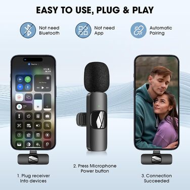 Беспроводной петличный микрофон HMKCH для телефона/iPhone/компьютера, USB-C, для видеоблогинга, TikTok, YouTube, с шумоподавлением, Plug-and-Play, K1CLU