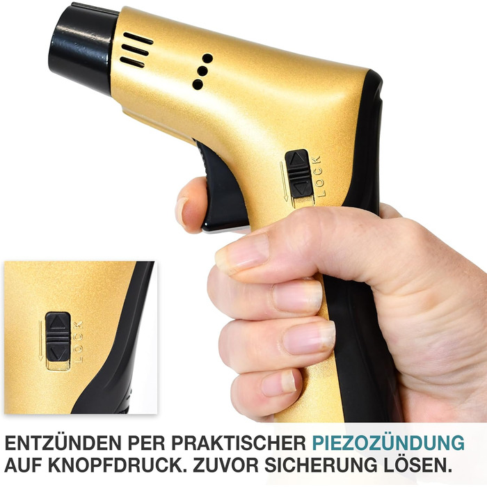 Набір кулінарного пальника TOM Jetflame (Золотий) з балоном бутану: професійний газовий пальник з замком безпеки для кухні, кемпінгу та майстерні, багаторазовий