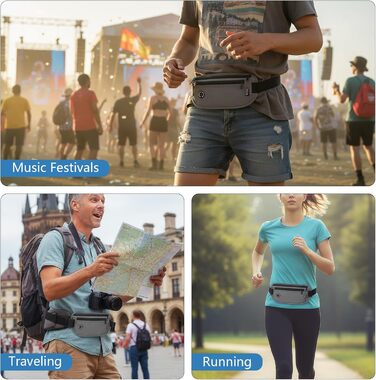 Чоловіча та жіноча поясна сумка Vinato з захистом від крадіжок та RFID, сіра. Ідеальна для подорожей, фестивалів, спорту та зберігання документів.