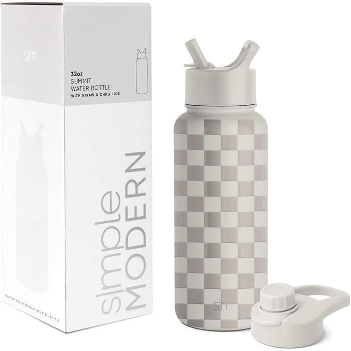 Simple Modern Trinkflasche mit Strohhalm und Chug-Deckel | Stainless Steel Insulated Water Bottle with Straw and Chug Lid for Sports Gym | Summit | 950ml | Checkmate