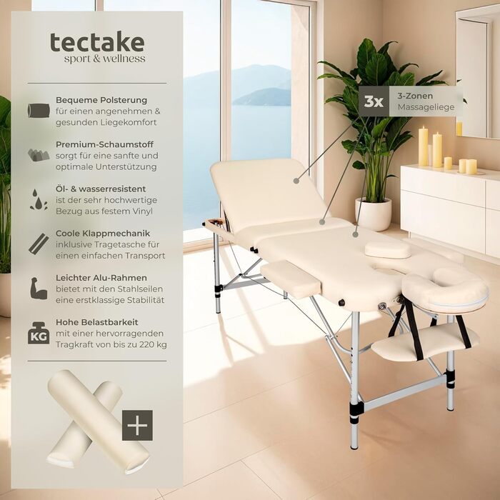 Масажний стіл Tectake®: складаний, регульований по висоті, з 3 зонами, для косметичних процедур, масажу та татуювання - білий | № 404635 (бежевий | № 404636)