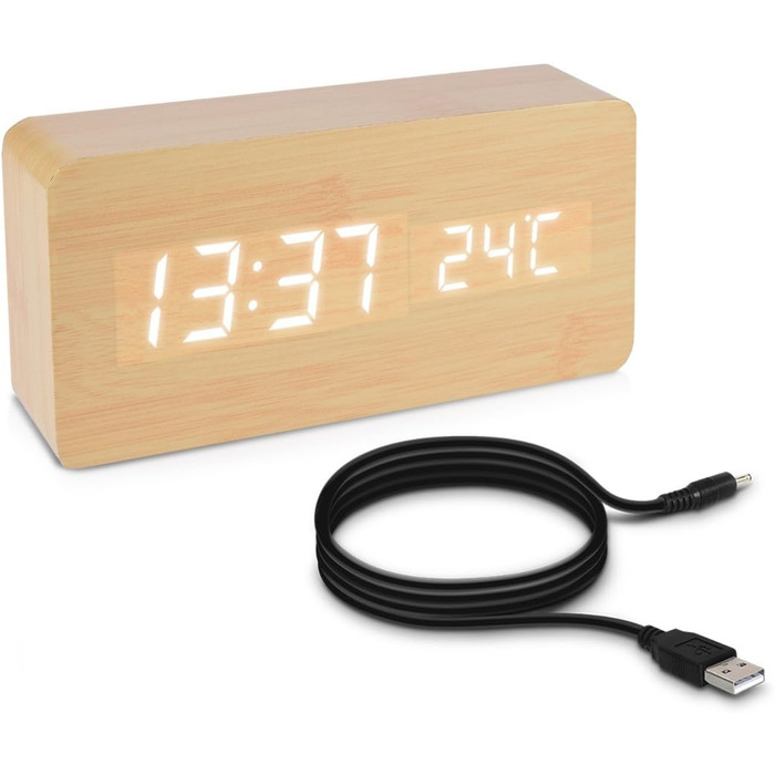kwmobile Wooden-Look Digital Alarm Clock - Digital Clock with Time, Temperature, and Date Display - Alarm Clock with USB Cable in Birch with White LEDs