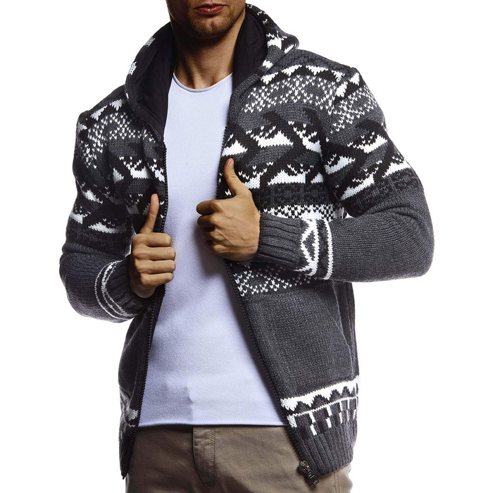 Чоловіча в'язана куртка Leif Nelson з капюшоном, норвезький стиль, чорна зимова куртка, тепла куртка з капюшоном, чоловіча куртка, для святкування Різдва, норвезький візерунок, грубий в'язання, Slim Fit, Розмір: M