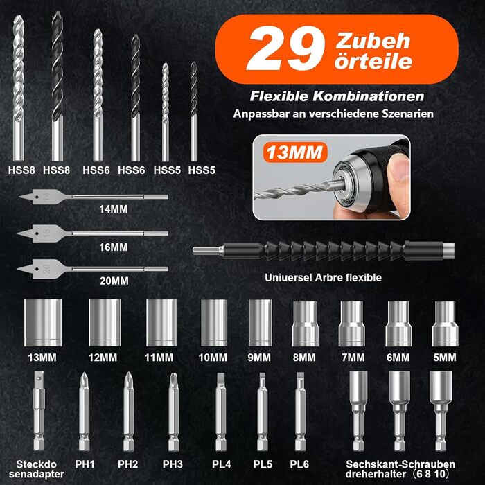 Акумуляторний шурупокрут/дрель 21V з набором 2 акумуляторів, 1200W двигун Brushless, 75Nm, 25+3 рівня крутного моменту, патрон 13мм, 2 швидкості, LED, 29-ти елементний набір для дому, саду та DIY-проектів помаранчевого кольору