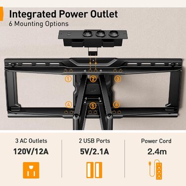 Настінна кріплення для телевізора Perlegear з розеткою, 42'-90', 68 кг, VESA 600x400 мм, PGLF11 (оновлена версія)
