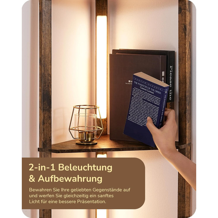 LED торшер EDISHINE з 4 дерев'яними полицями, регульоване освітлення, 3 колірні температури, поворотний світловий стержень, підсвічування полиць, футовий вимикач, вінтажний коричневий