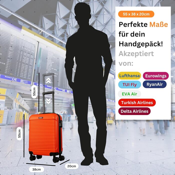 NOWI® Las Palmas: Компактний валіза на колесах 55x40x20 см (34л), помаранчевий, підходить для Ryanair, Lufthansa та інших авіакомпаній. Розмір M