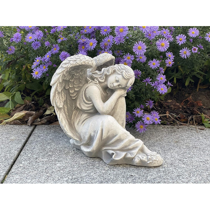 gartendekoparadies.de Sleeping Angel, Stone Figure H. 25 cm, 6 kg, Grey, frost-proof made of cast stone for outdoor use
