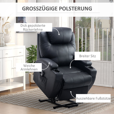 HOMCOM Recliner Chair, TV Chair with Rise Assist, with Storage Pouch, Adjustable Angle, Remote Control, 84 x 92 x 109 cm, Black | Aosom