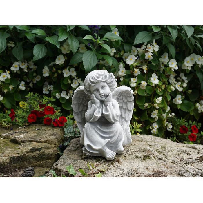 gartendekoparadies.de Angel Grave Angel, Stone Figure H. 21 cm, 4 kg, Grey, frost-proof made of cast stone for outdoor use