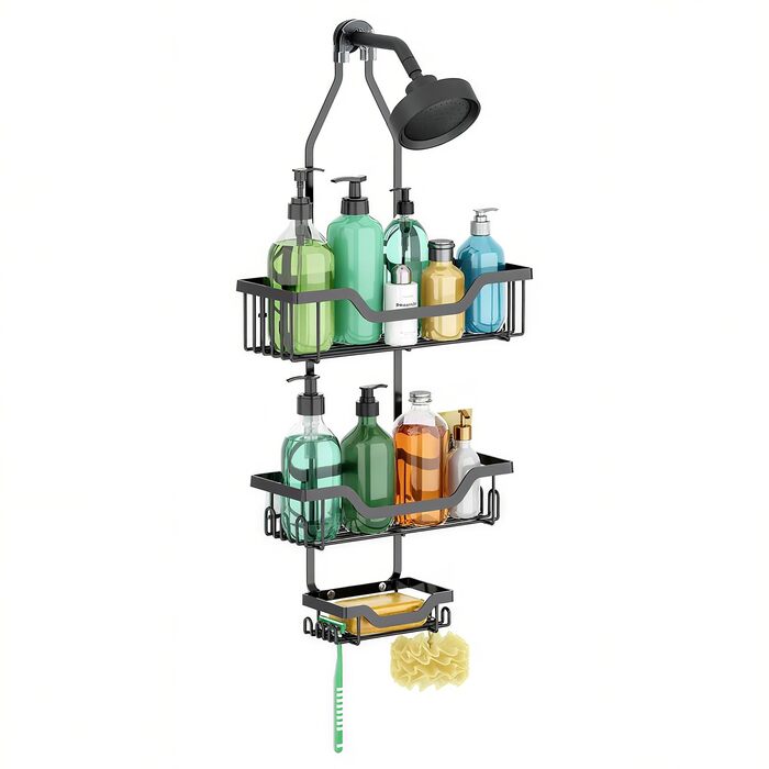 Поличка для душу без свердління, чорна. Настінна поличка для душу з 3 кошиками для шампуню та гелю для душу (Стиль B)