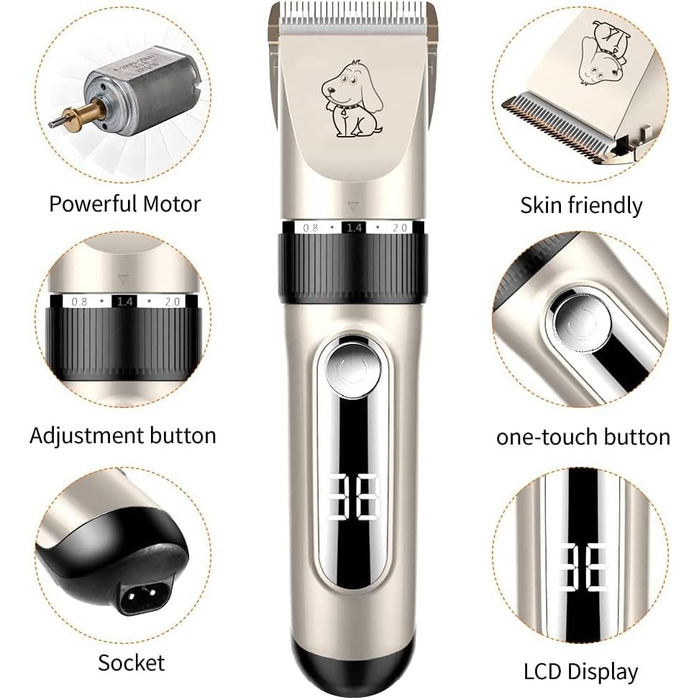 Професійна машинка для стрижки собак IPX7, водонепроникна, з LCD-дисплеєм, золота