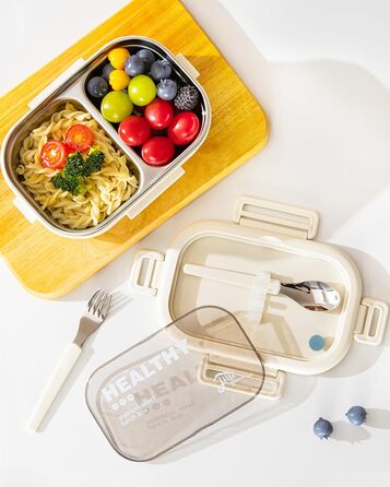 Ланчбокс Lille Home з нержавіючої сталі з 2 відділеннями, 850 мл, витокозахисний, з сумкою та столовим прибором, BPA-free (Бежевий)