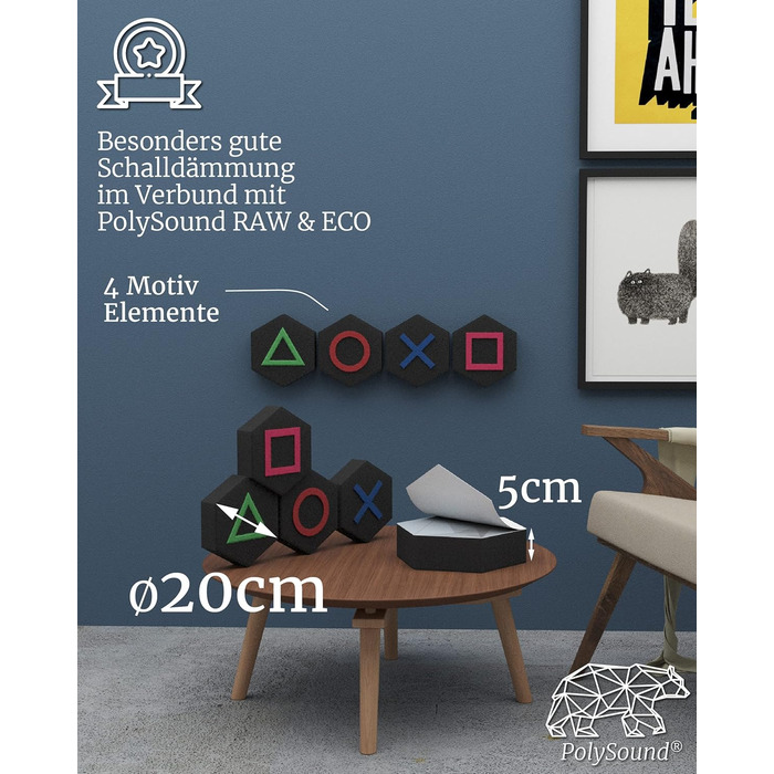 Акустичні 3D-панелі PolySound ECO гексагон, самоклеючі звукопоглинаючі шестикутні панелі для офісу, геймінгу та дому, набір 9 шт (3-10 см), PS Motiv