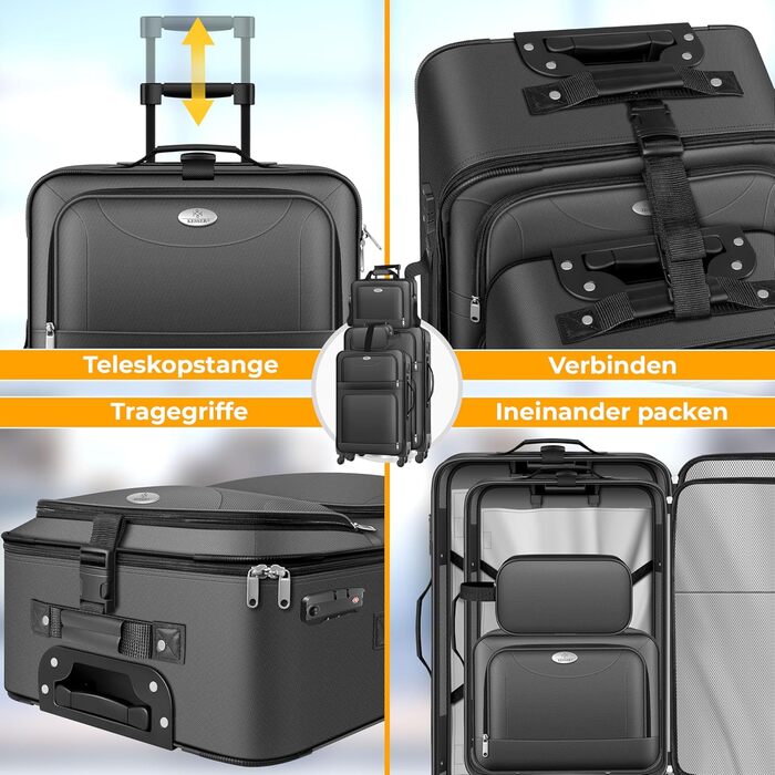 Набір валіз KESSER® 4-в-1 | Тріумф у подорожах: комплект з валізи-тролі, тканинної валізи, косметички та великої валізи для бізнесу та подорожей | Антрацит