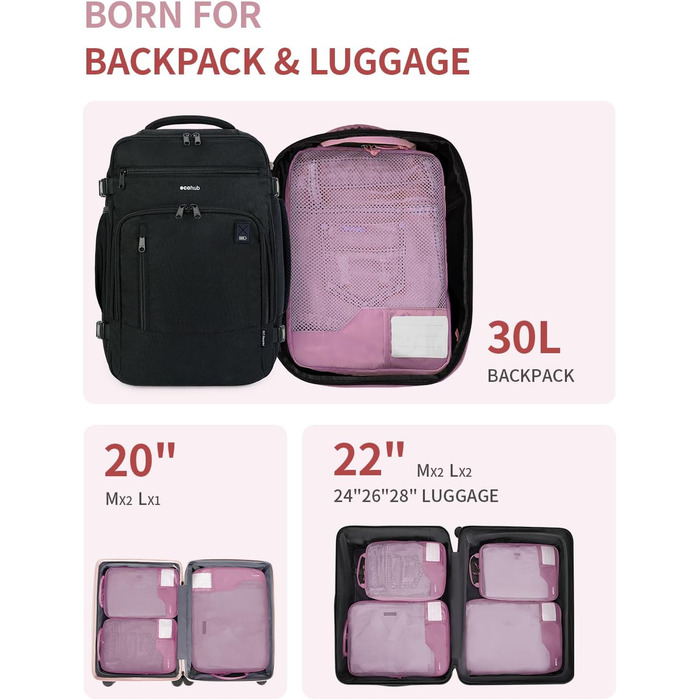 Органайзери для валізи ECOHUB (4 шт.) з мішком для одягу, набір екологічних пакувальних кубів для рюкзака та валізи, зелений/рожевий