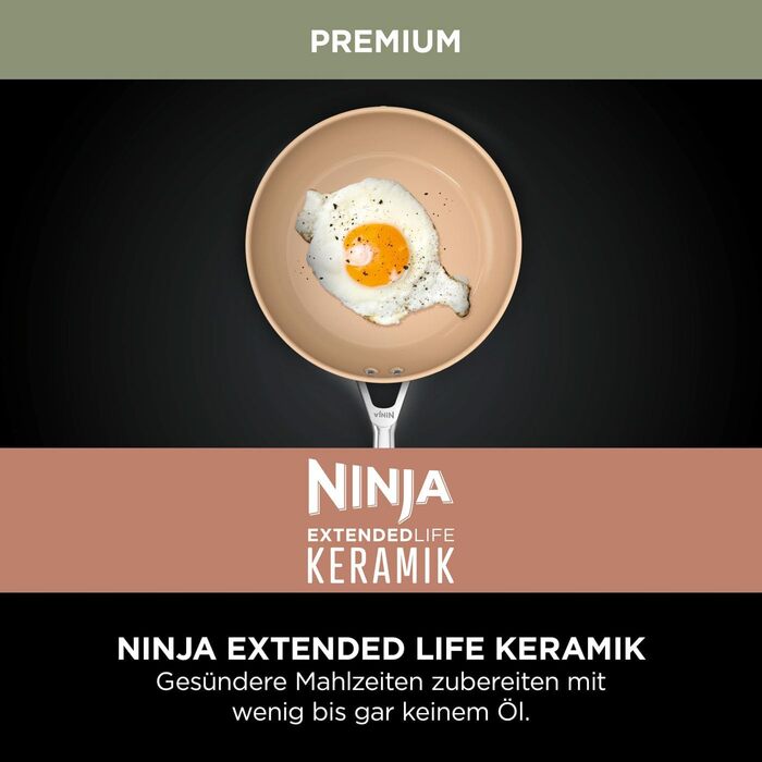 Сковорода Ninja Extended Life 24 см з керамічним покриттям, антипригарна (без PFOA, PFOA, свинцю або кадмію), для індукційних плит, з нержавіючою ручкою, термостійка до 285 °C, теракота & сірий колір, CW90024DE