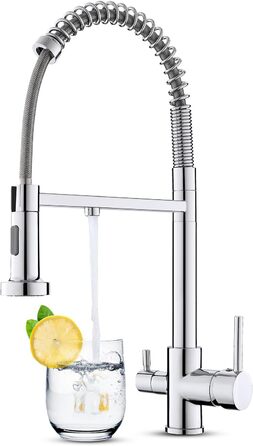 3-х шляхова кухонна змішувач з поворотним виливом 360°, 2 функції (душ, аератор), 3-в-1, з фільтром, з міді та нержавіючої сталі, з гнучкою насадкою для душу, хром