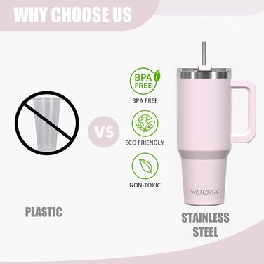 Термокружка WATERSY 40oz з нержавіючої сталі, 591 мл, з подвійними стінками, з ручкою та трубочкою, для гарячих та холодних напоїв (колір: рожевий)