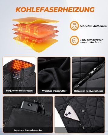 Жіноча грілка для тіла з Powerbank 16000mAh - Грілка з 9 зонами обігріву та 3 рівнями температури, для активного відпочинку, туризму та катання на лижах, чорного кольору, розмір S