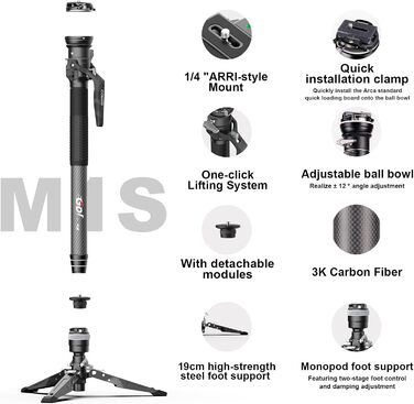 Монопод COMAN M1S з підставкою, 165 см, карбонове волокно, 360° поворотна голова, для камер Sony, Canon, Nikon, DSLR, максимальне навантаження 10 кг