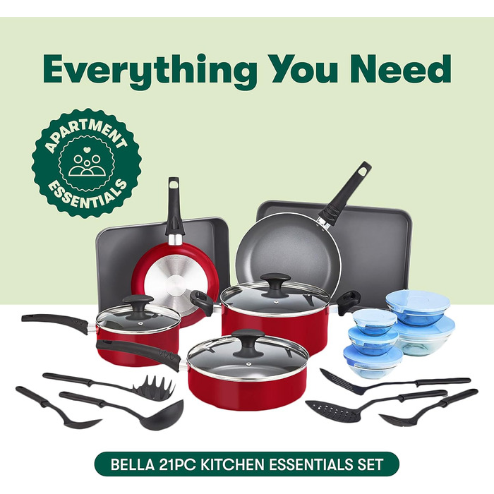 Набір посуду BELLA з антипригарним покриттям (21 предмет) – каструлі, сковорідки, форми для випічки, контейнери для зберігання, червоний