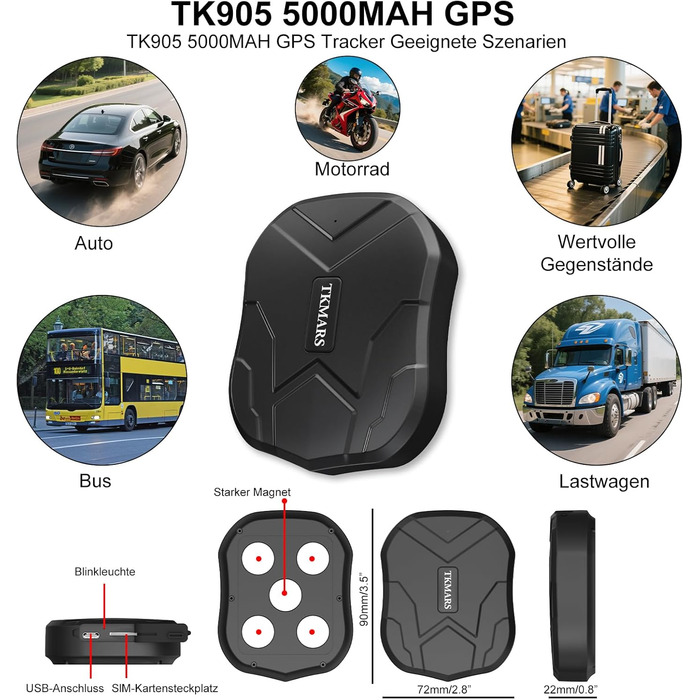 GPS-трекер TKMARS TK905 для авто, магнітний, водонепроникний, без абонплати, 90 днів автономної роботи, 5000 мА·год, з безкоштовним додатком