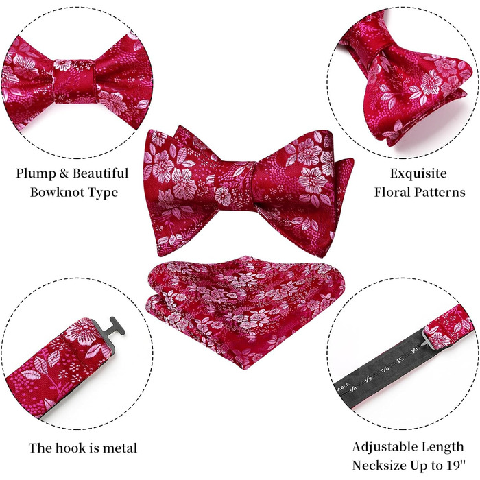 HISDERN Комплект краваток та нагрудного хустинки з квітковим принтом для чоловіків. Квітковий жакардовий комплект краваток для весілля та свят. Рожевий колір.