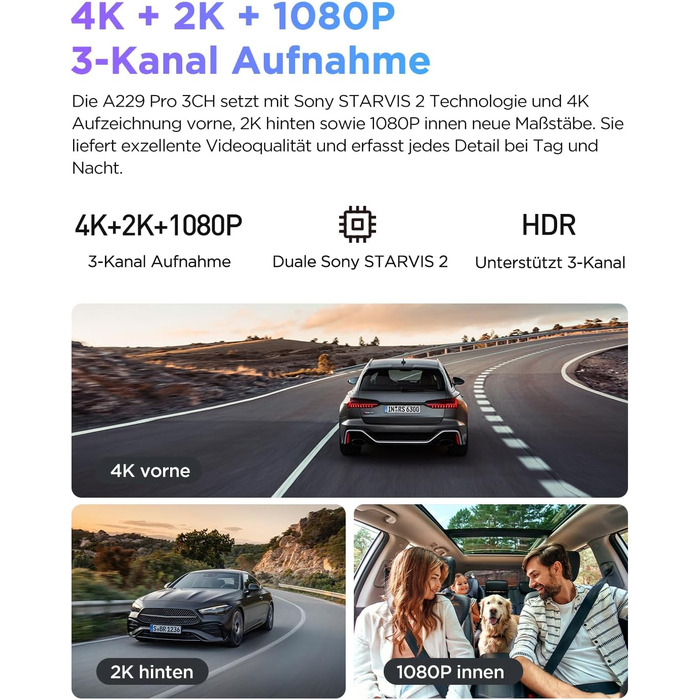 Автомобільний відеореєстратор VIOFO A229 Pro 3CH (4K+2K+1080P), Dual STARVIS 2, GPS, 5GHz WLAN, 3-канальний