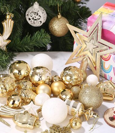 121 шт. прикрас для ялинки золотого та білого кольору, набір, пластик, зірка на верхівку, декор для ялинки, Новий рік, свята