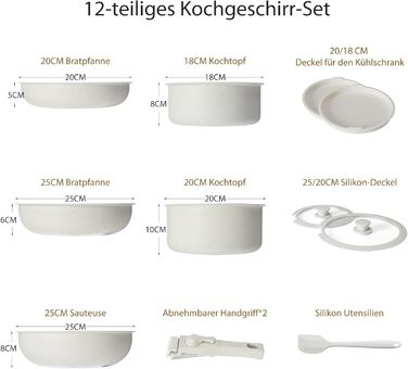 Набір посуду Sweetcrispy 12 предметів з антипригарним покриттям: каструлі, сковороди з знімними ручками (20/26 см, 18/20 см, 26 см) для індукційних плит та духовки, білий
