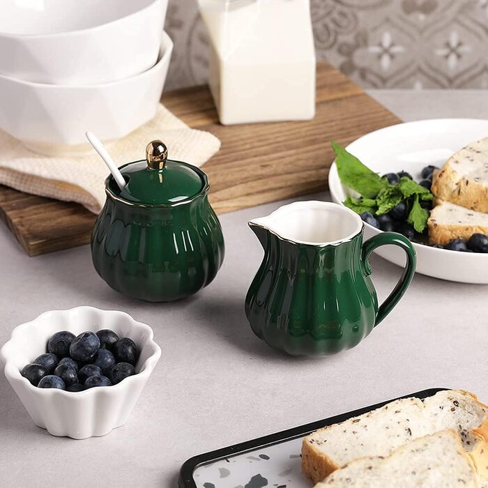 Jade Royal Ceramic Sugar and Creamer Set - 3 Piece Coffee Service & Gift Set