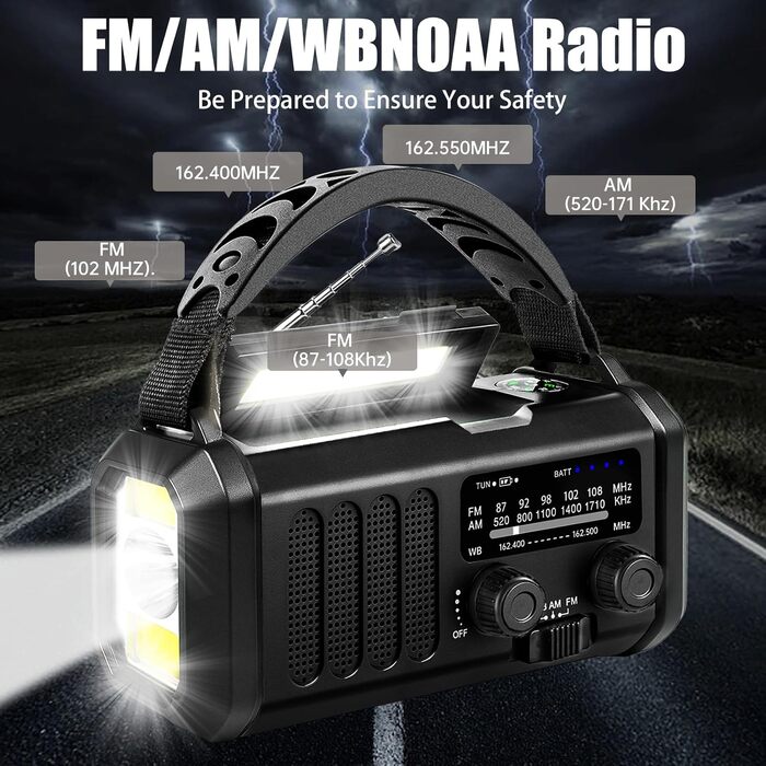 Радіоприймач аварійний QAUYYW з сонячною та ручною зарядкою, 20000 mAh, AM/FM/NOAA/SW, ліхтарик, SOS-сигнал, зарядний пристрій для телефону