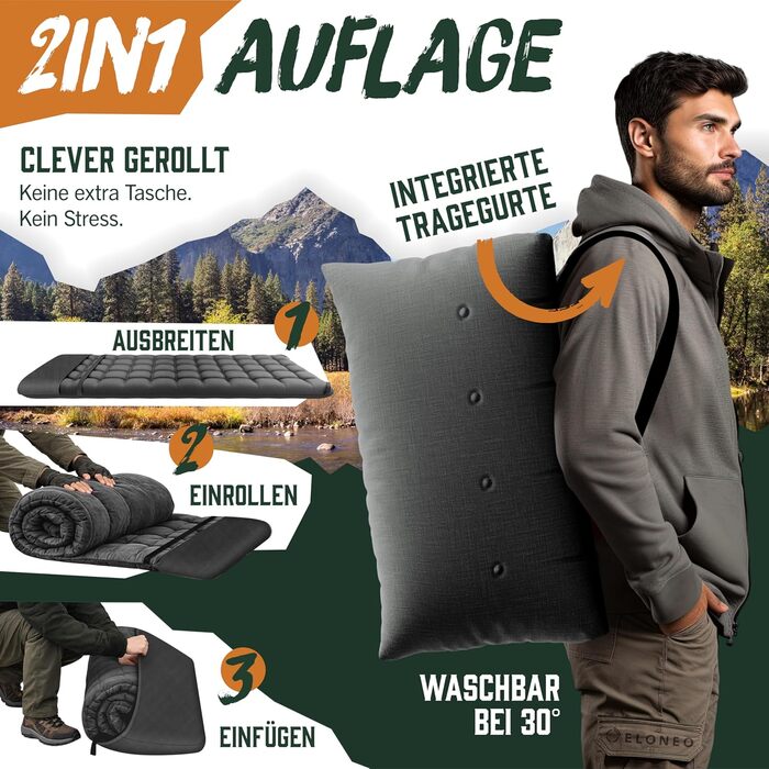 Ліжко кемпінгове розкладне ELONEO NEU Преміум з навантаженням до 200 кг | Гостьове ліжко, лежак для відпочинку в приміщенні та на вулиці | З сумкою для транспортування (Антрацит)