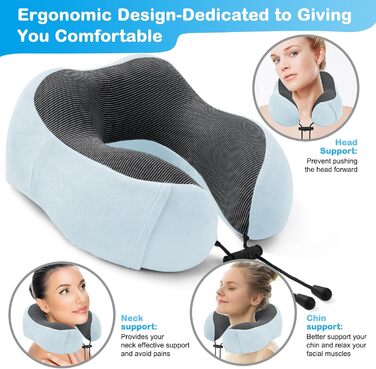 Подушка для шиї в літак, доросла, Memory Foam, регульована, компактна, з навушниками, маскою для сну, коробкою для зберігання (Блакитна)